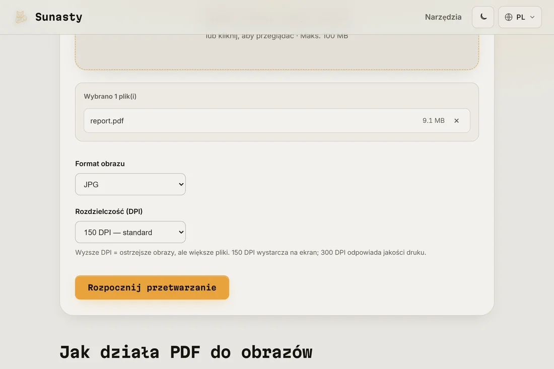 Narzędzie PDF na obraz z wczytanym dokumentem i wybranym formatem JPEG w 150 DPI