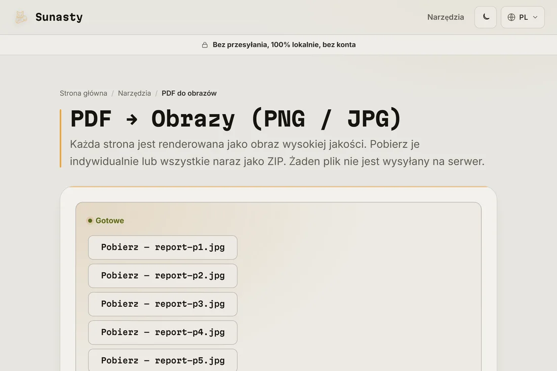 Przekonwertowane obrazy JPG gotowe do pobrania jako pojedyncze pliki lub ZIP