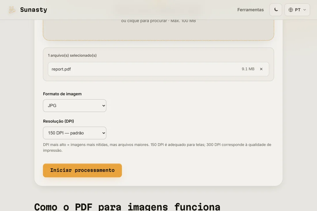 A ferramenta de PDF para imagem com um documento carregado e o formato JPEG a 150 DPI selecionado
