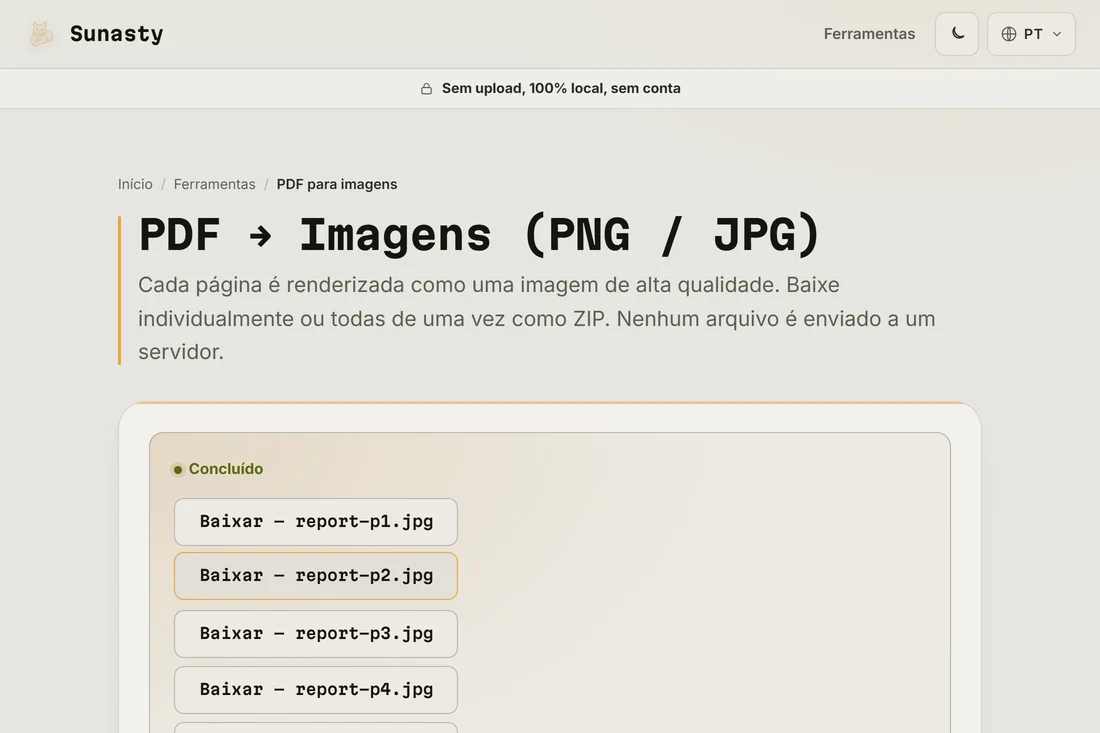 As imagens JPG convertidas prontas para download como arquivos individuais ou um ZIP