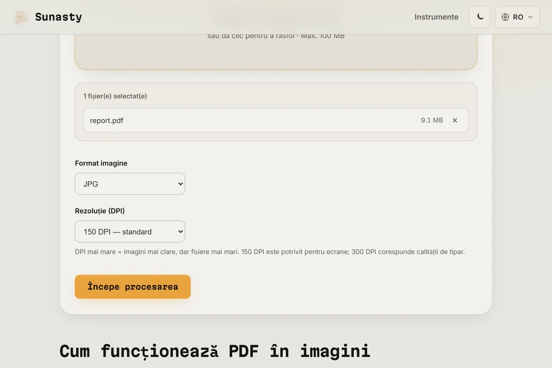 Instrumentul PDF în imagine cu un document încărcat și formatul JPEG la 150 DPI selectat