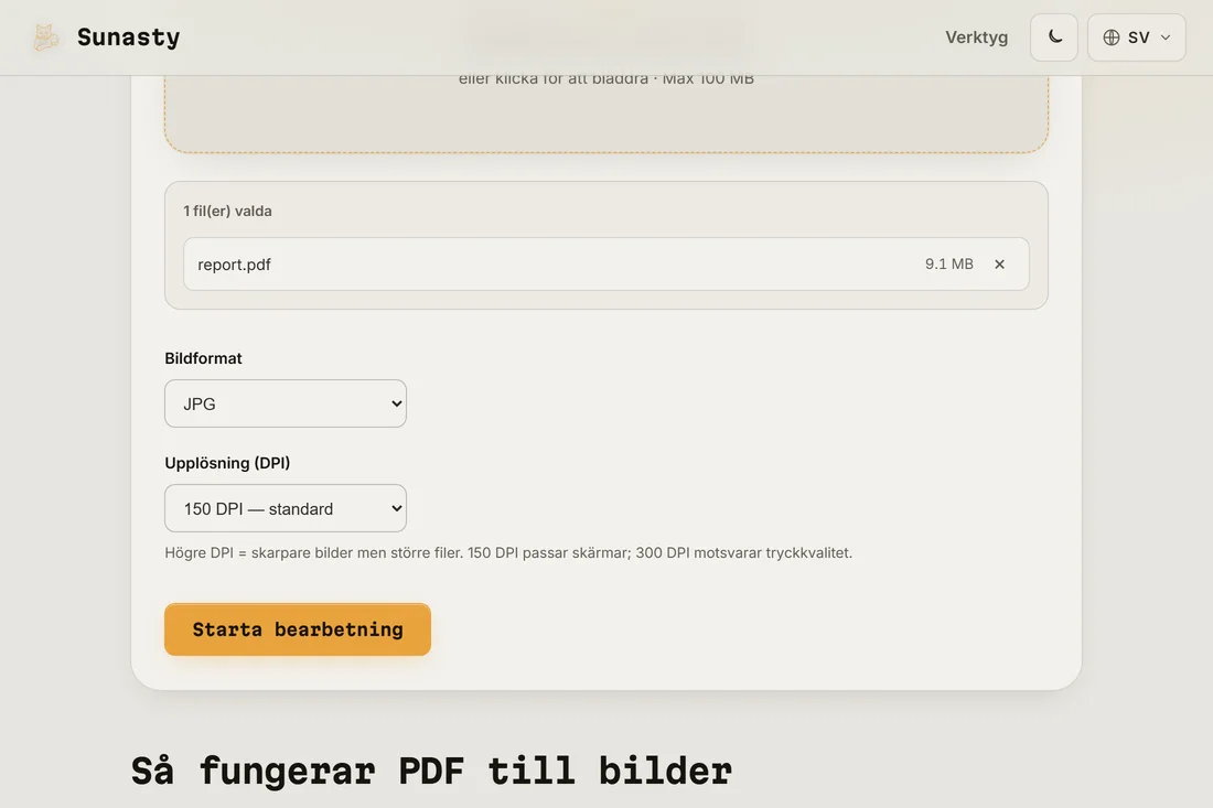 Verktyget PDF till bild med ett dokument inläst och formatet JPEG vid 150 DPI valt