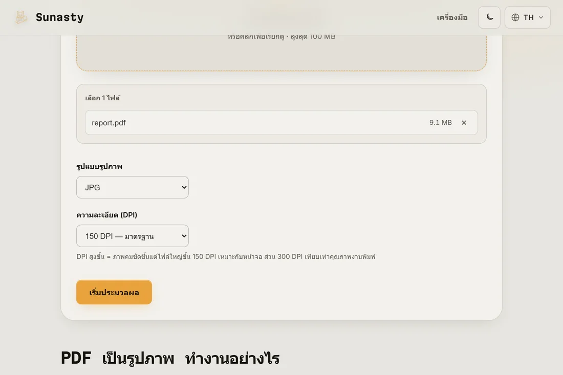 เครื่องมือ PDF เป็นรูปภาพที่มีเอกสารโหลดอยู่และเลือกรูปแบบ JPEG ที่ 150 DPI ไว้