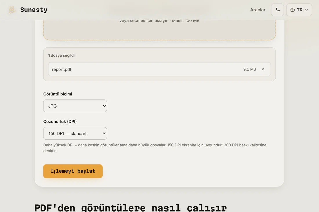 Bir belge yüklenmiş ve 150 DPI'de JPEG biçimi seçilmiş PDF'ten görsele aracı