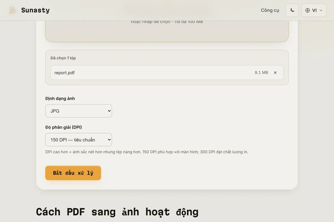Công cụ PDF sang ảnh đã nạp tài liệu và chọn định dạng JPEG ở 150 DPI