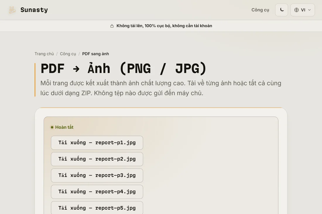 Các ảnh JPG đã chuyển sẵn sàng tải về dưới dạng file riêng lẻ hoặc một ZIP