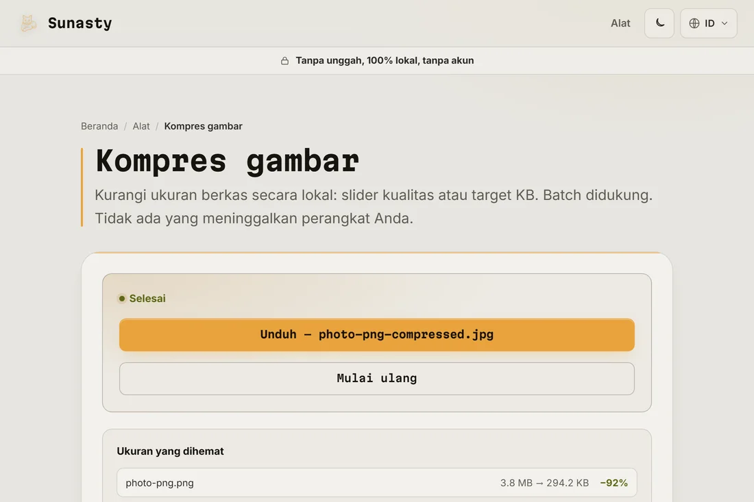 Hasil konversi yang menunjukkan seberapa jauh lebih kecil versi JPG-nya