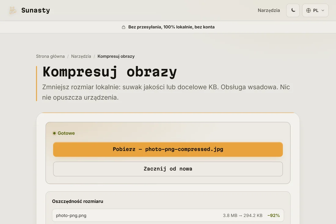 Wynik konwersji pokazujący, o ile mniejsza jest wersja JPG