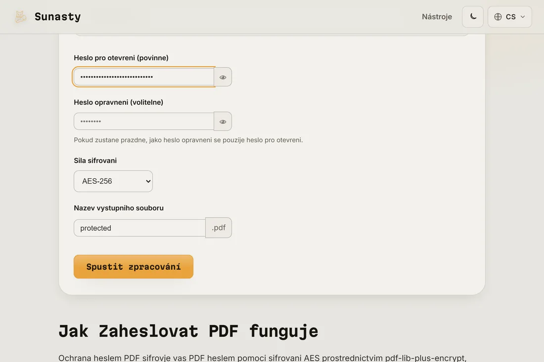 Nástroj na ochranu PDF heslem s načteným souborem, zadaným uživatelským heslem a zvoleným AES-256