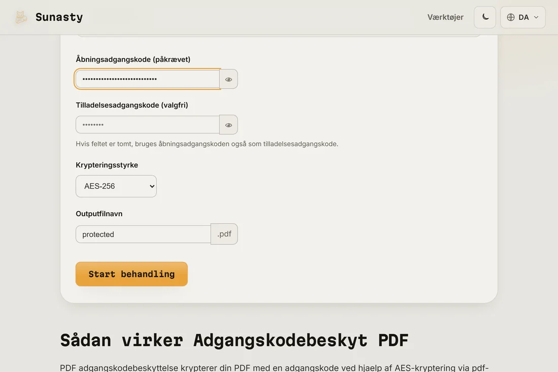 PDF-adgangskodeværktøjet med en fil indlæst, en brugeradgangskode indtastet og AES-256 valgt