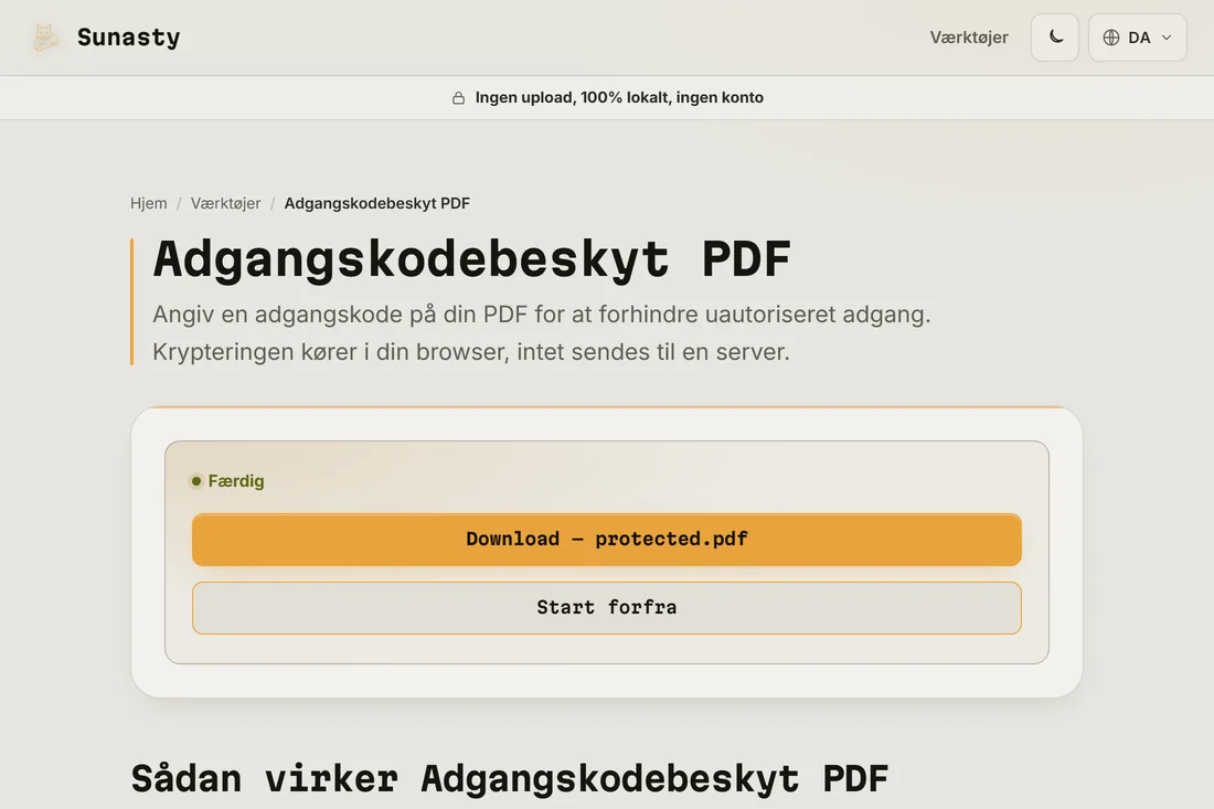 Downloadlinket til den beskyttede PDF, efter krypteringen er færdig