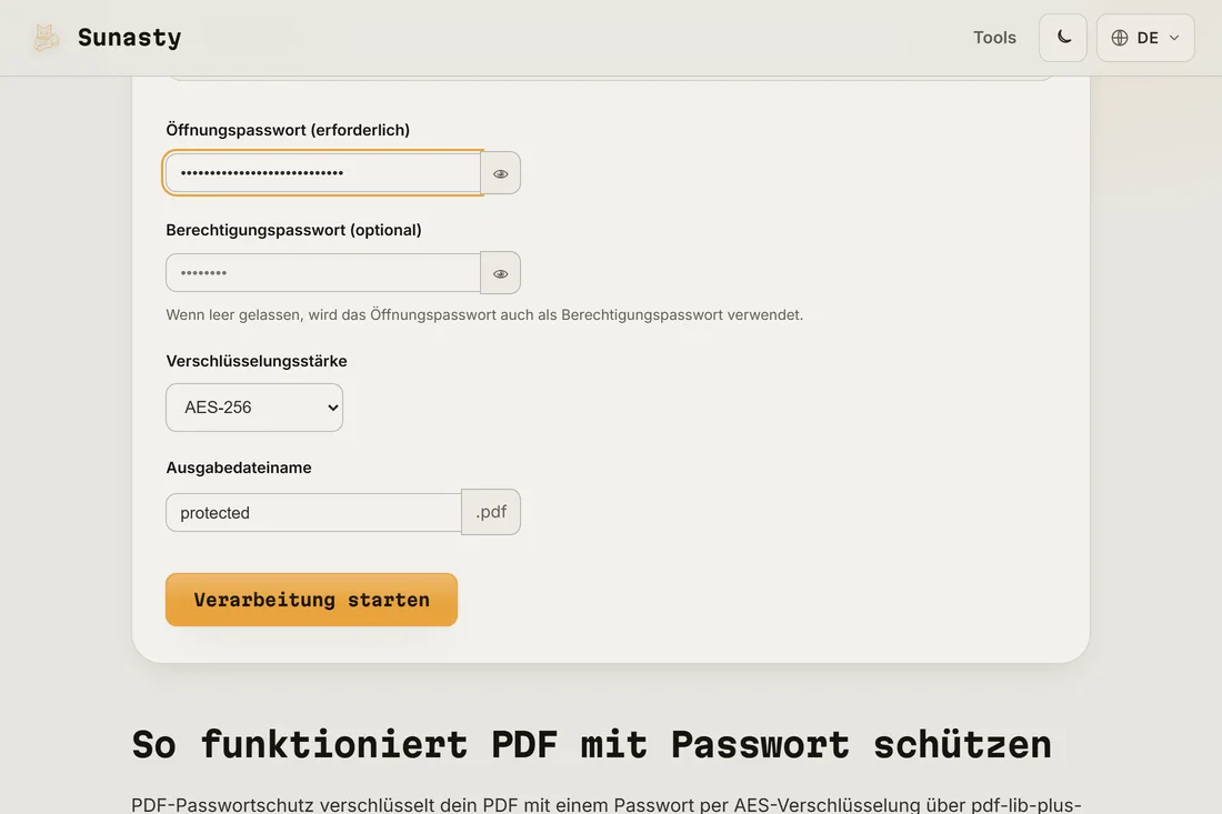 Das PDF-Passwort-Werkzeug mit geladener Datei, eingegebenem Benutzerpasswort und ausgewähltem AES-256