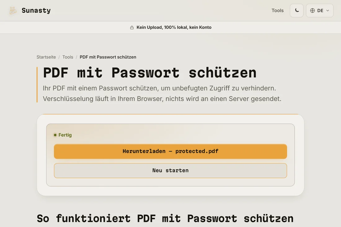 Der Download-Link des geschützten PDF nach Abschluss der Verschlüsselung