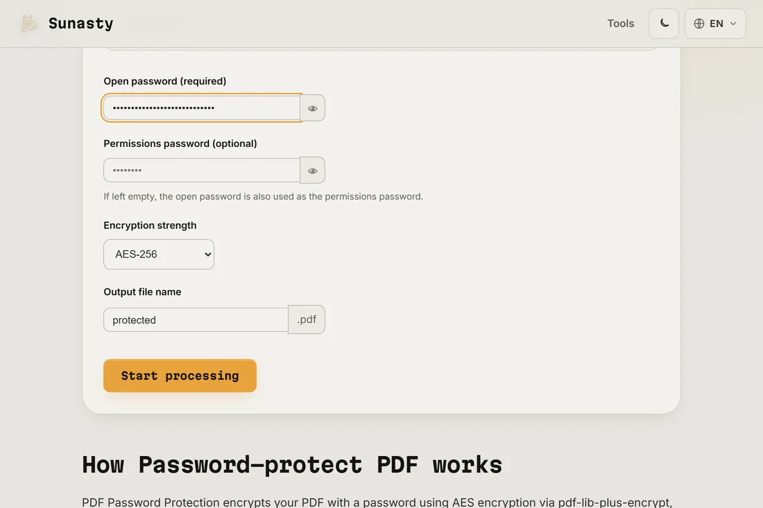 The PDF Password tool with a file loaded, a user password typed and AES-256 selected