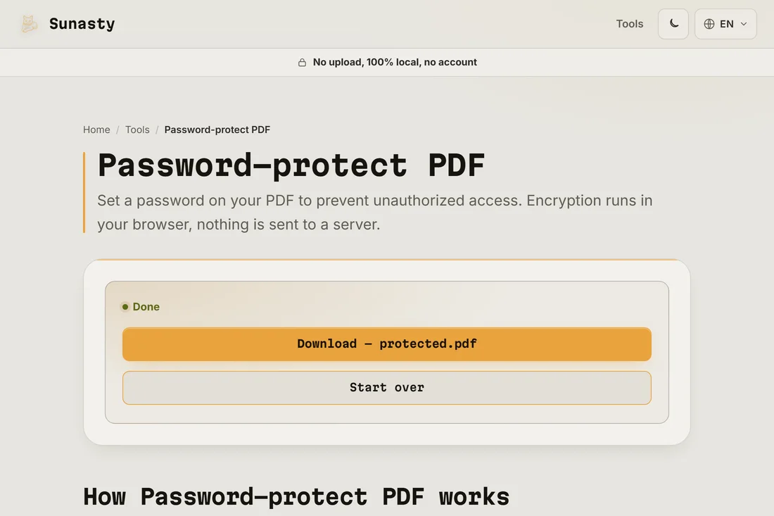 The protected PDF download link after encryption finished