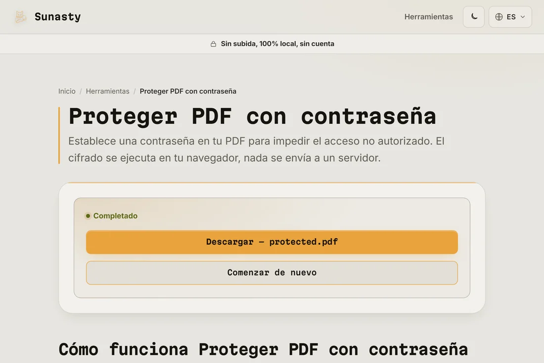 El enlace de descarga del PDF protegido una vez finalizado el cifrado