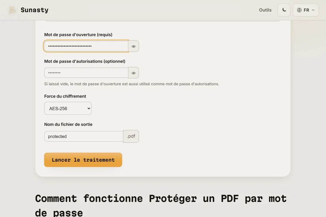 L'outil de protection PDF par mot de passe avec un fichier chargé, un mot de passe utilisateur saisi et AES-256 sélectionné