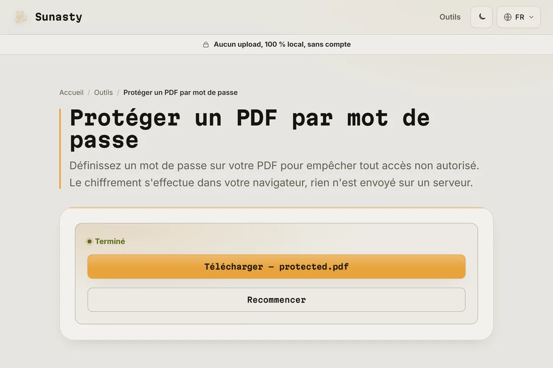 Le lien de téléchargement du PDF protégé une fois le chiffrement terminé
