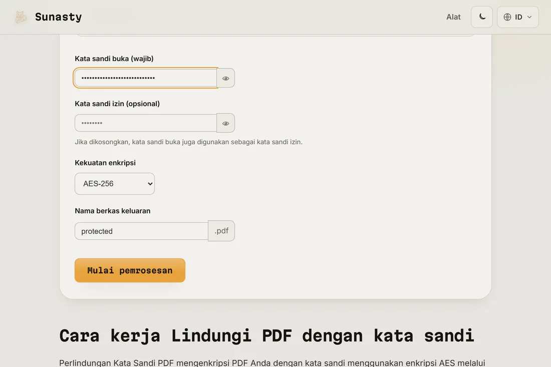 Alat Kata Sandi PDF dengan berkas yang dimuat, kata sandi pengguna yang diketik, dan AES-256 yang terpilih