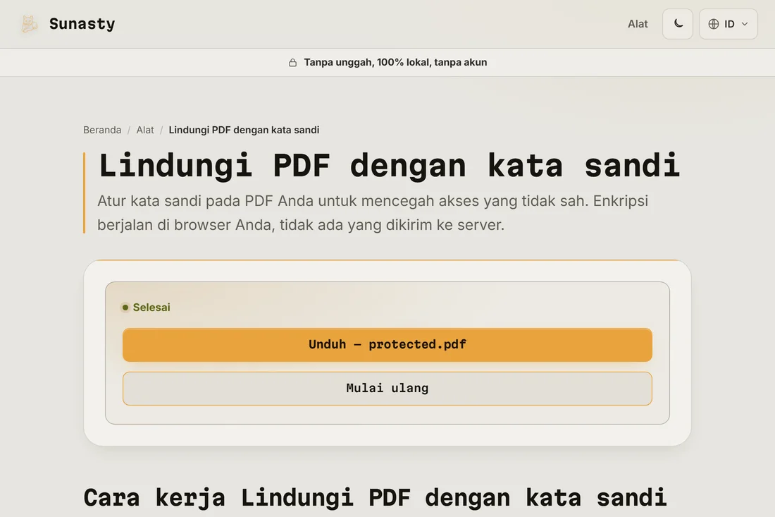 Tautan unduhan PDF terlindungi setelah enkripsi selesai