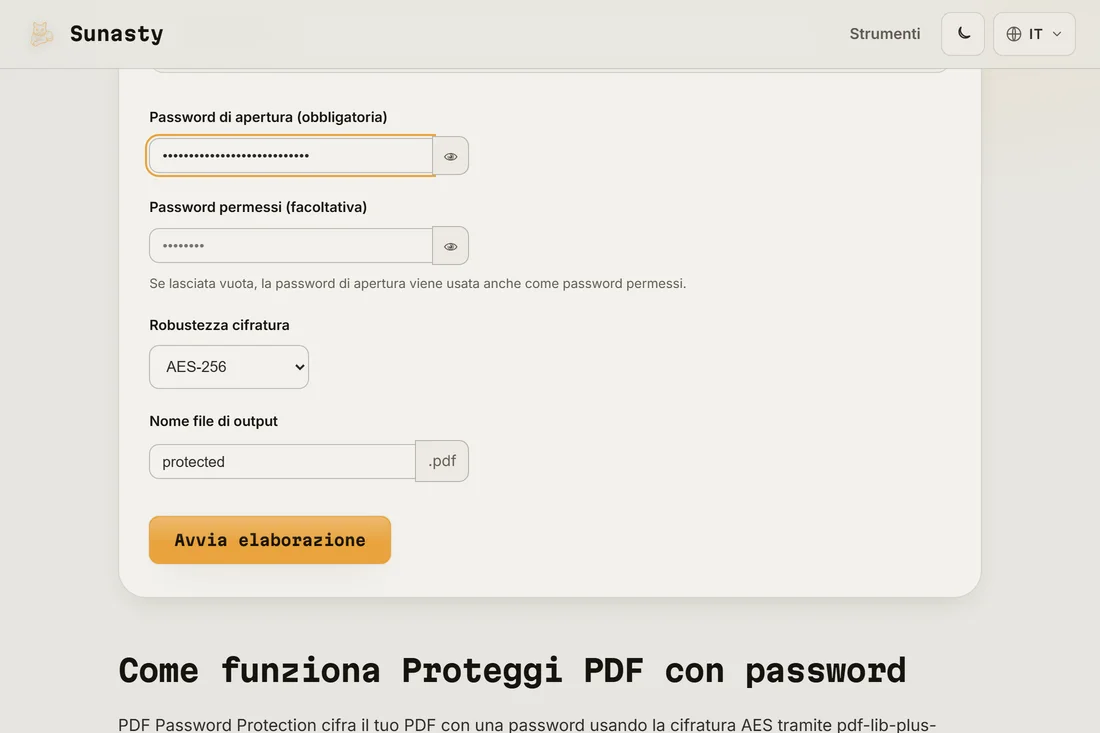 Lo strumento di protezione PDF con password con un file caricato, una password utente digitata e AES-256 selezionato