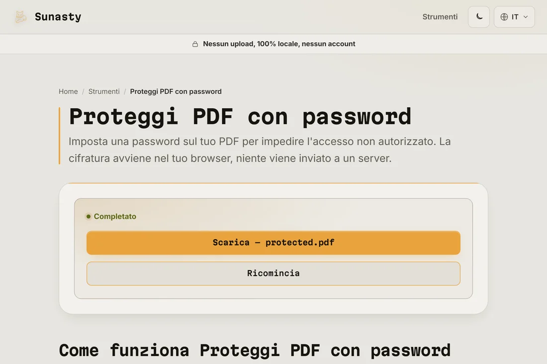 Il link di download del PDF protetto al termine della cifratura