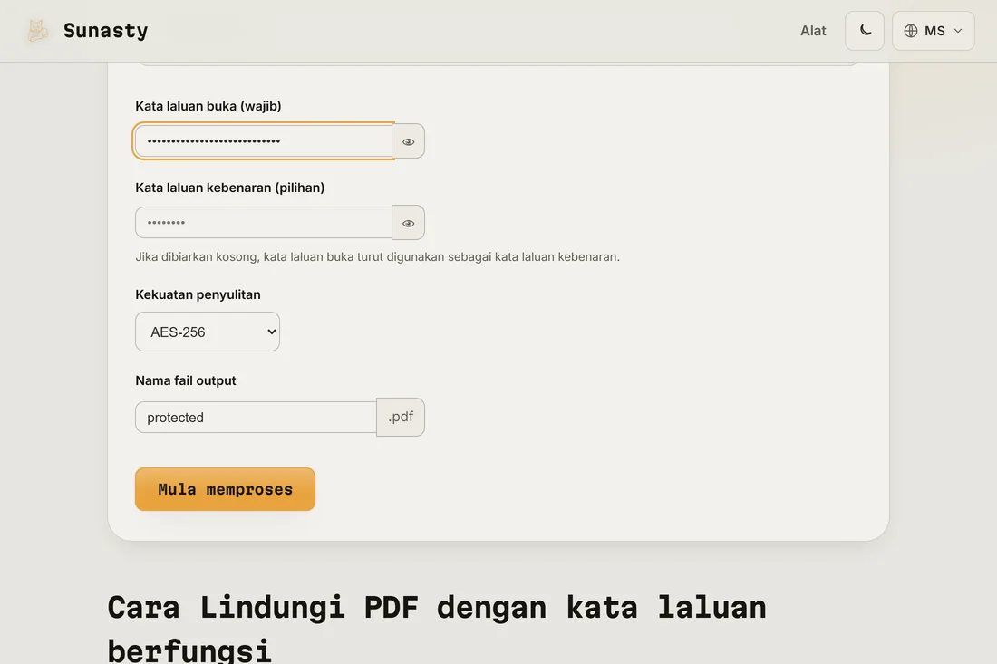 Alat Kata Laluan PDF dengan fail dimuatkan, kata laluan pengguna ditaip dan AES-256 dipilih