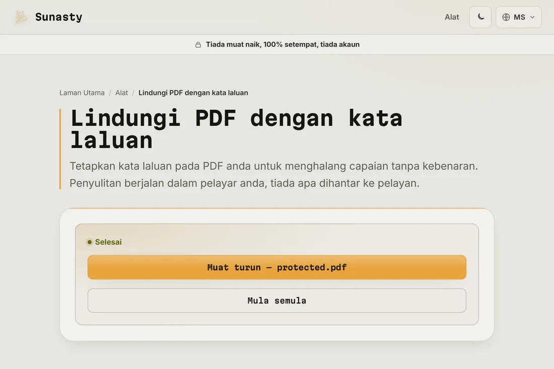 Pautan muat turun PDF yang dilindungi selepas penyulitan selesai