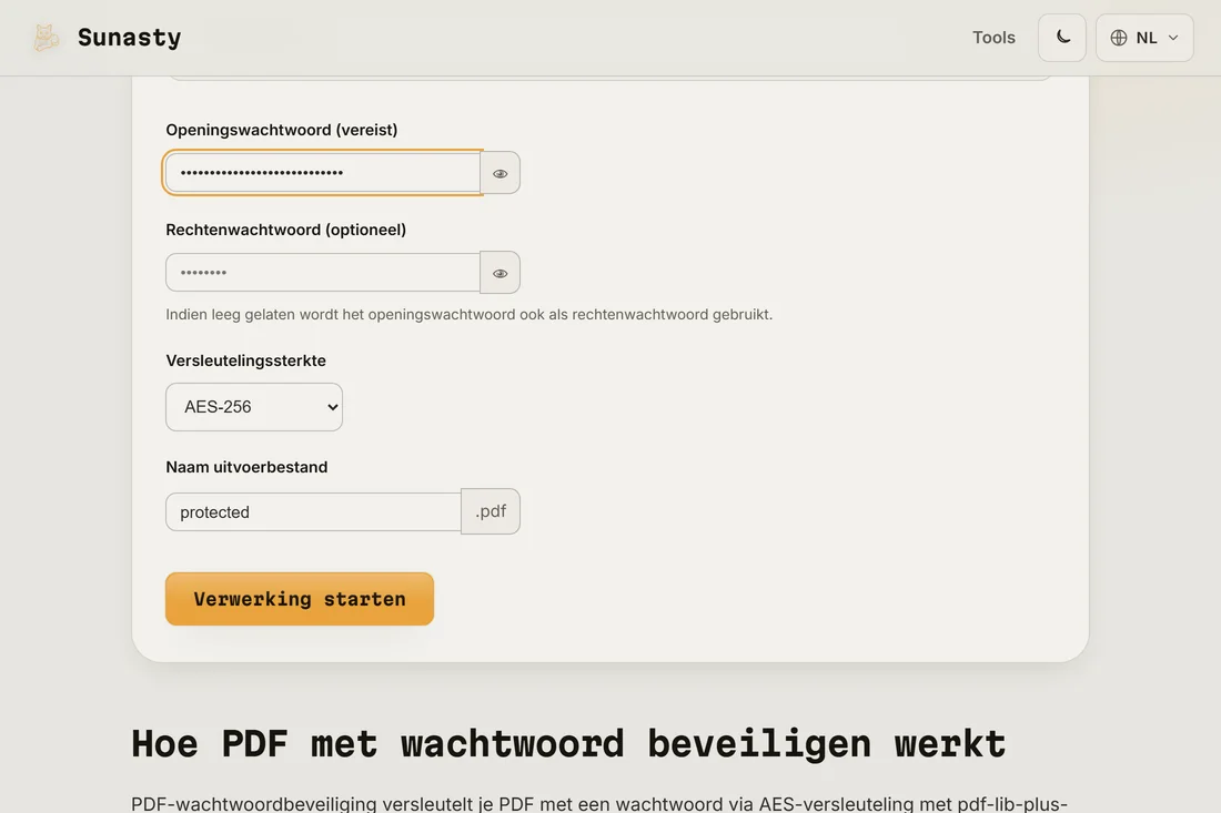 Het PDF-wachtwoordhulpmiddel met een geladen bestand, een ingevoerd gebruikerswachtwoord en AES-256 geselecteerd