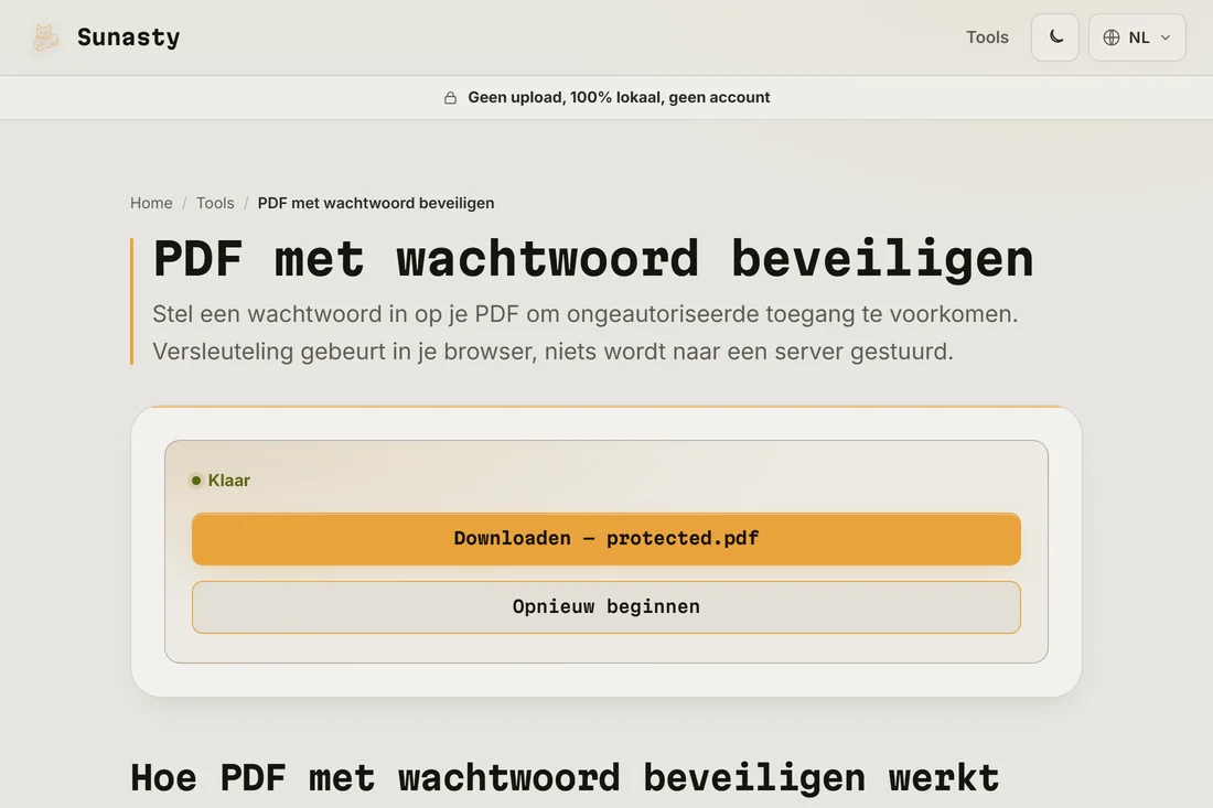 De downloadlink van de beveiligde PDF nadat de versleuteling klaar is