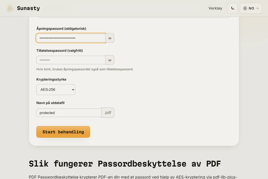 PDF-passordverktøyet med en fil lastet inn, et brukerpassord skrevet inn og AES-256 valgt