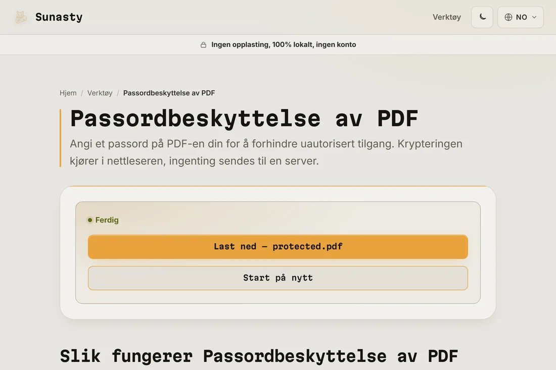 Nedlastingslenken for den beskyttede PDF-en etter at krypteringen er fullført