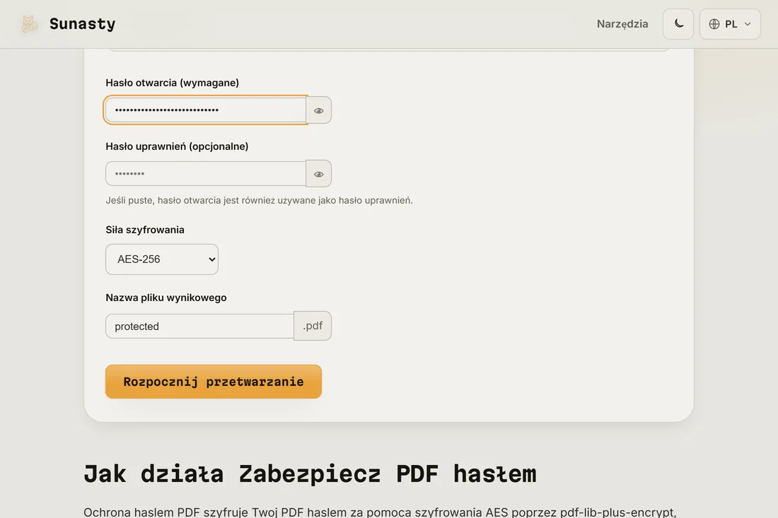 Narzędzie do zabezpieczania PDF hasłem z wczytanym plikiem, wpisanym hasłem użytkownika i wybranym AES-256