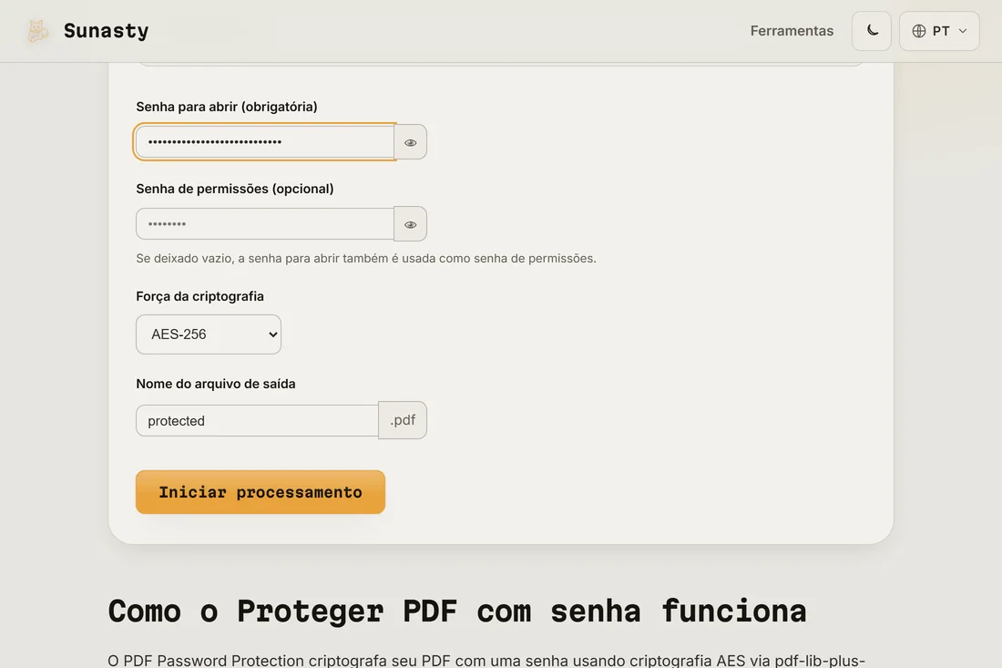 A ferramenta de proteção de PDF por senha com um arquivo carregado, uma senha de usuário digitada e AES-256 selecionado