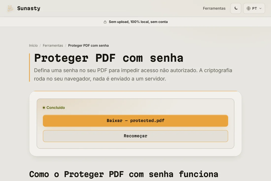 O link de download do PDF protegido após o término da criptografia