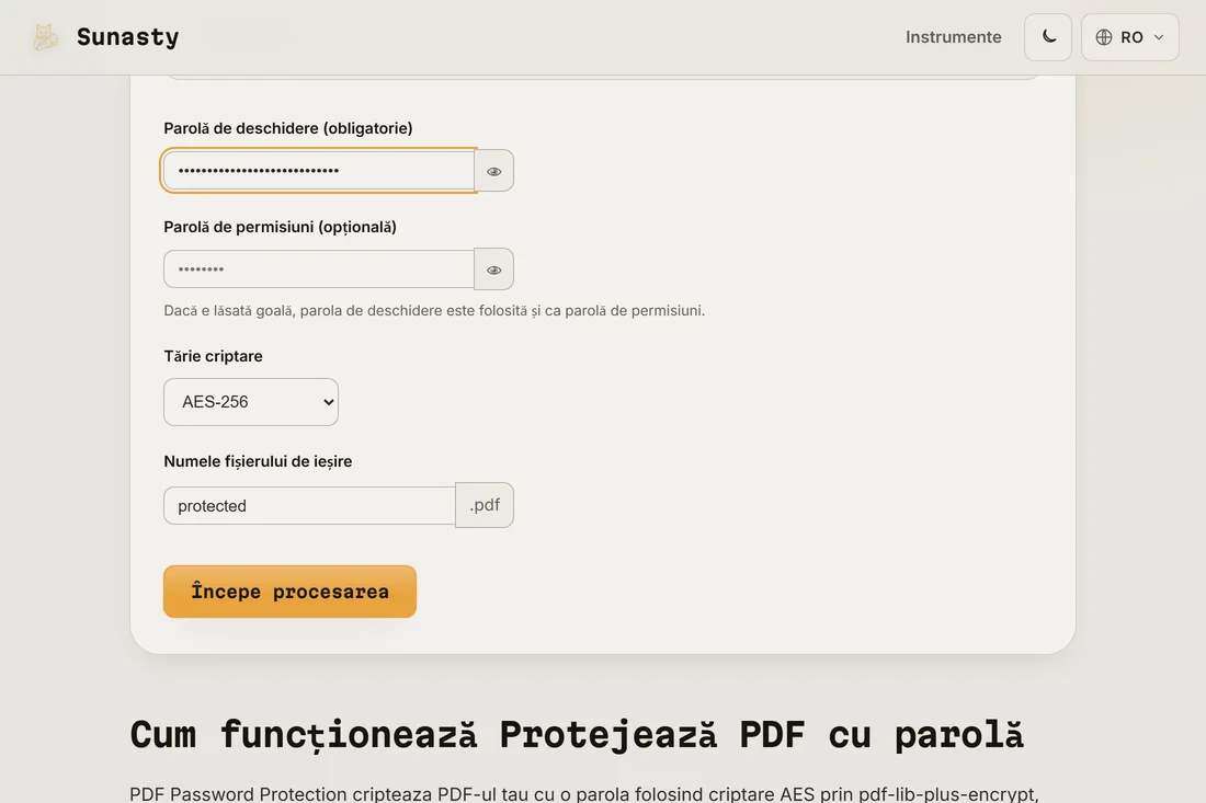 Instrumentul Parolă PDF cu un fișier încărcat, o parolă de utilizator tastată și AES-256 selectat