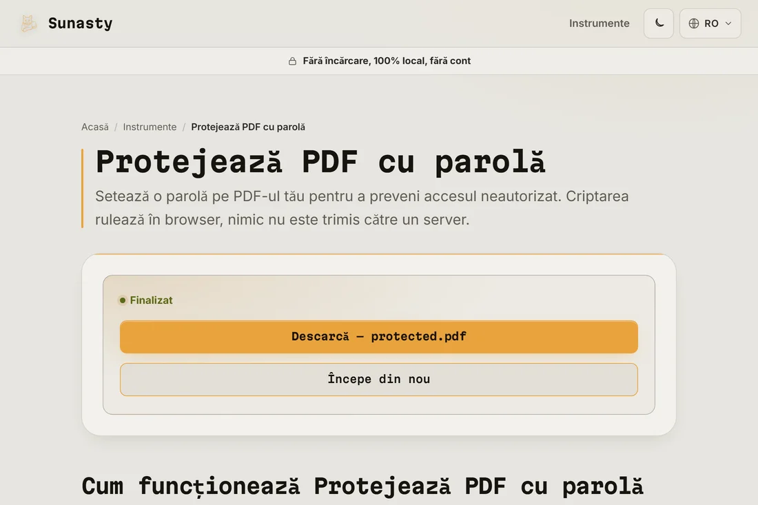 Linkul de descărcare a PDF-ului protejat după terminarea criptării