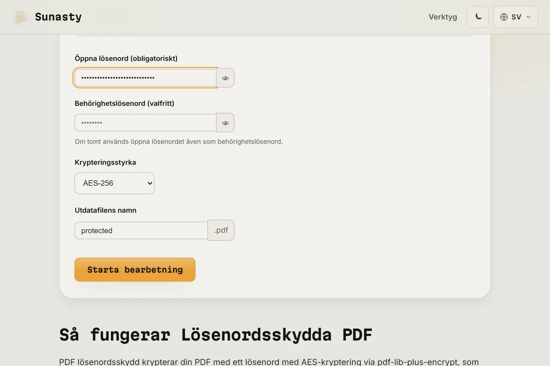 Verktyget för PDF-lösenord med en inläst fil, ett angivet användarlösenord och AES-256 valt