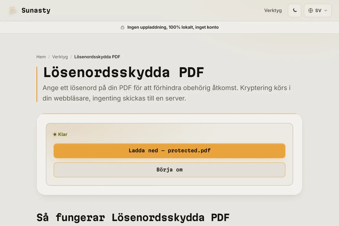 Nedladdningslänken för den skyddade PDF-filen efter att krypteringen blev klar