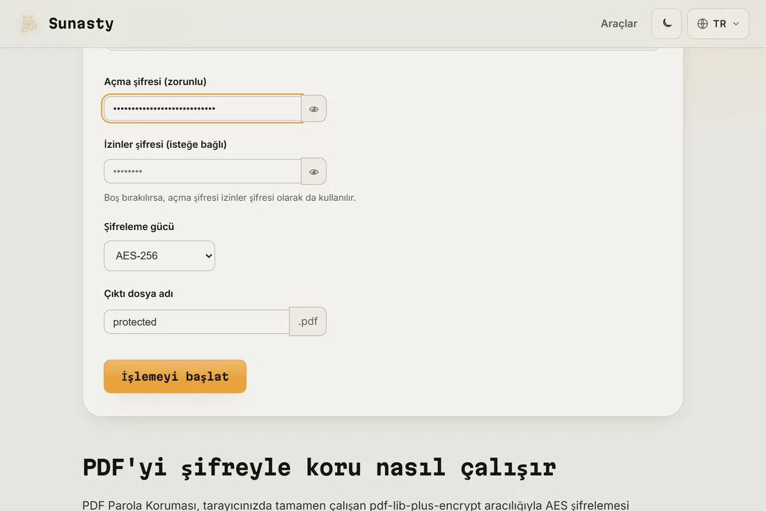 Bir dosya yüklenmiş, bir kullanıcı parolası yazılmış ve AES-256 seçilmiş PDF Parola aracı