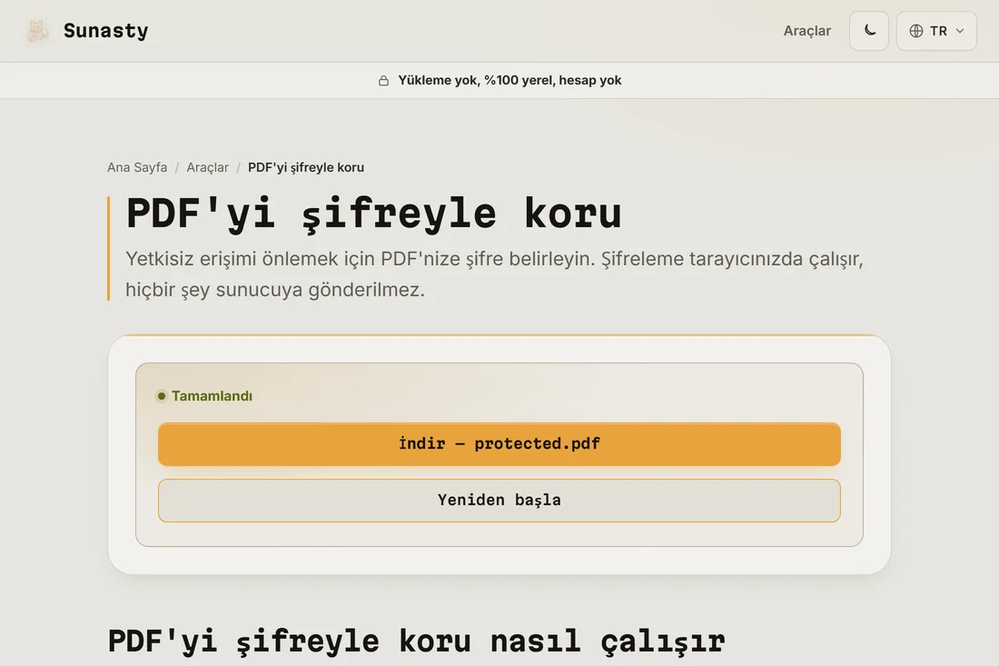 Şifreleme tamamlandıktan sonra korumalı PDF indirme bağlantısı