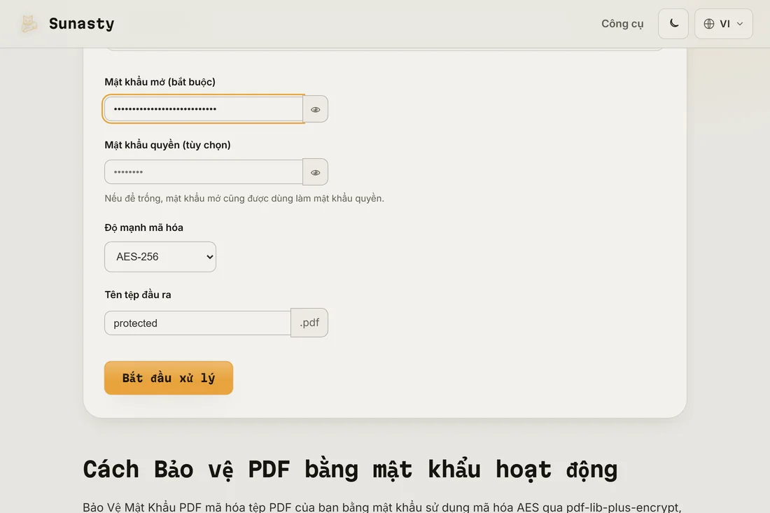Công cụ Mật khẩu PDF với một tệp đã tải, mật khẩu người dùng đã nhập và AES-256 được chọn