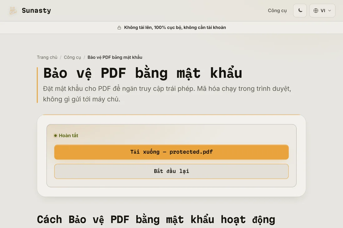 Liên kết tải xuống tệp PDF đã được bảo vệ sau khi mã hóa hoàn tất