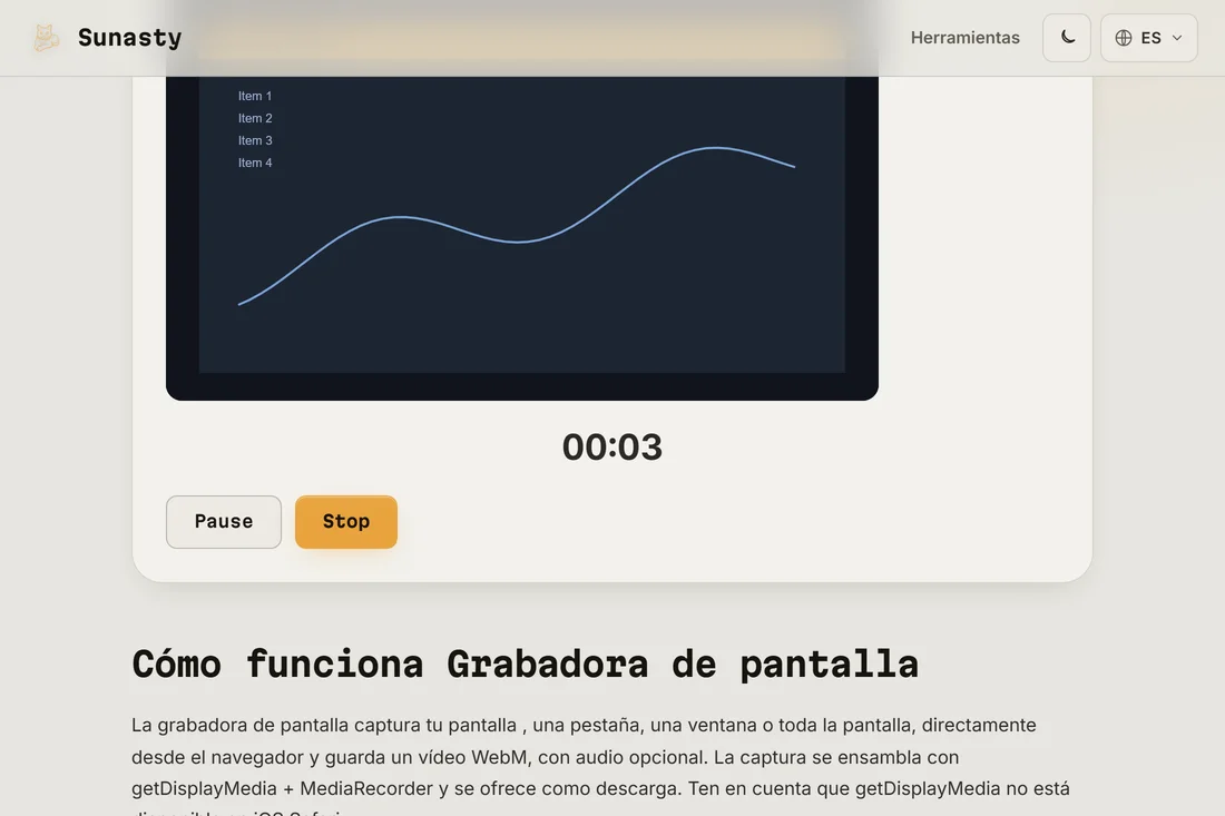 El grabador de pantalla en plena grabación, con el temporizador en marcha y los controles de pausa y detención