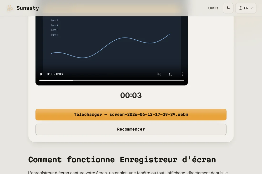 L’enregistrement terminé avec son aperçu et le bouton de téléchargement