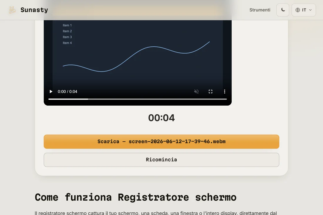 La registrazione terminata con l'anteprima e il pulsante di download