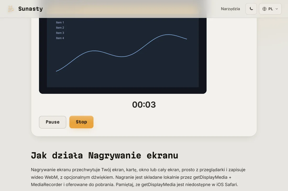 Rejestrator ekranu w trakcie nagrywania, z uruchomionym licznikiem oraz przyciskami pauzy i zatrzymania
