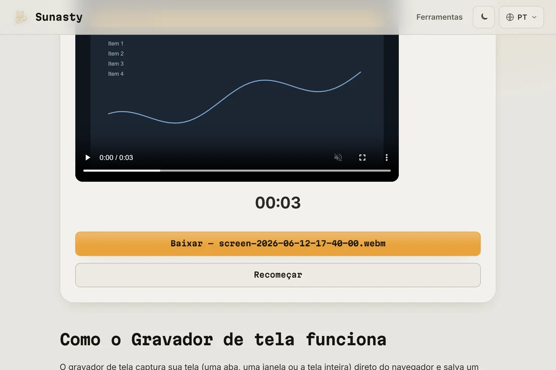 A gravação concluída com sua prévia e o botão de download