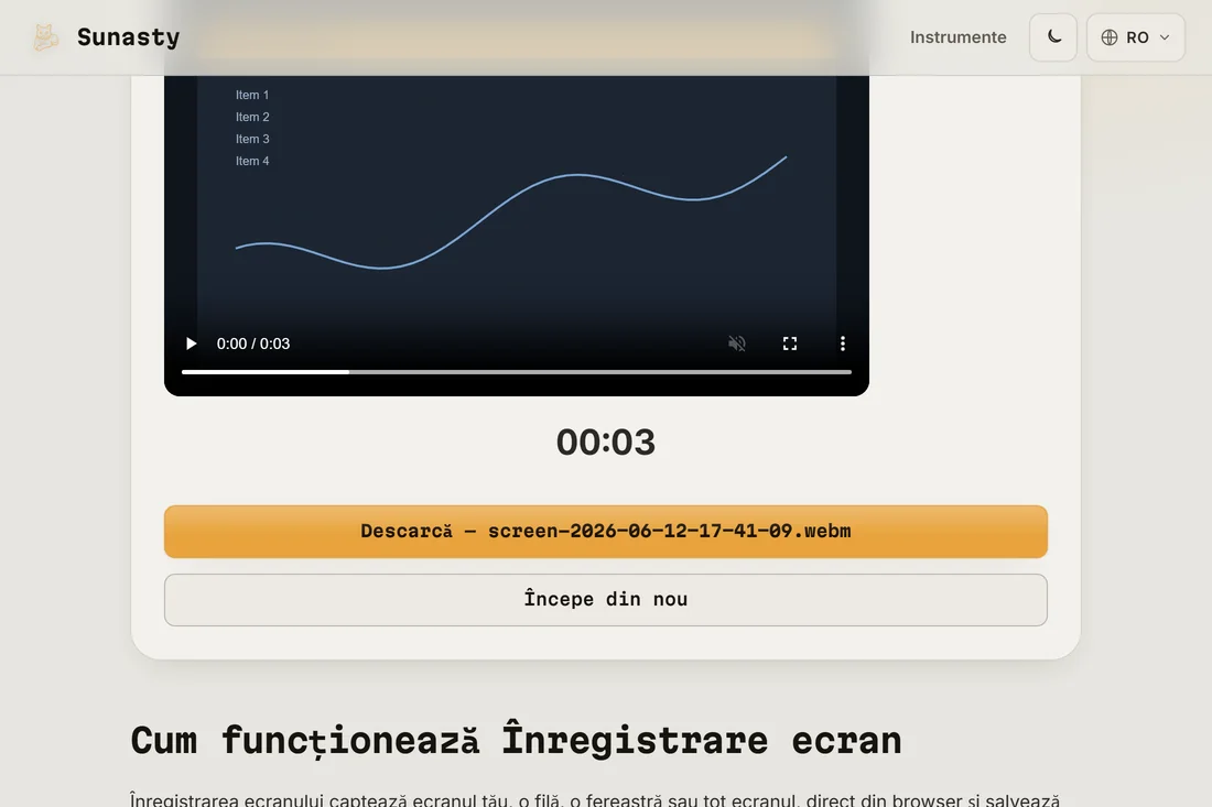 Înregistrarea finalizată, cu previzualizarea ei și butonul de descărcare