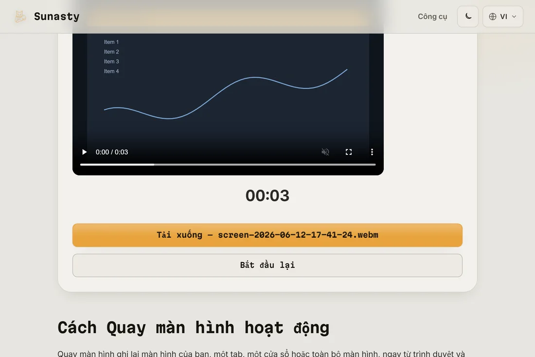 Bản ghi hoàn tất với phần xem trước và nút tải xuống